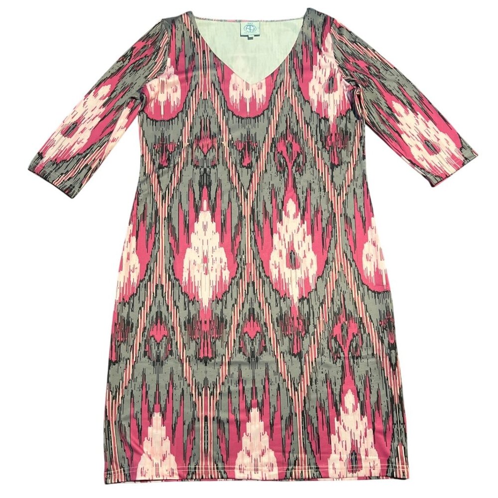 Tracy Negoshian XS Pink/Gray Ikat Print V-Neck Dress 3/4‎ Sleeve Stretchy